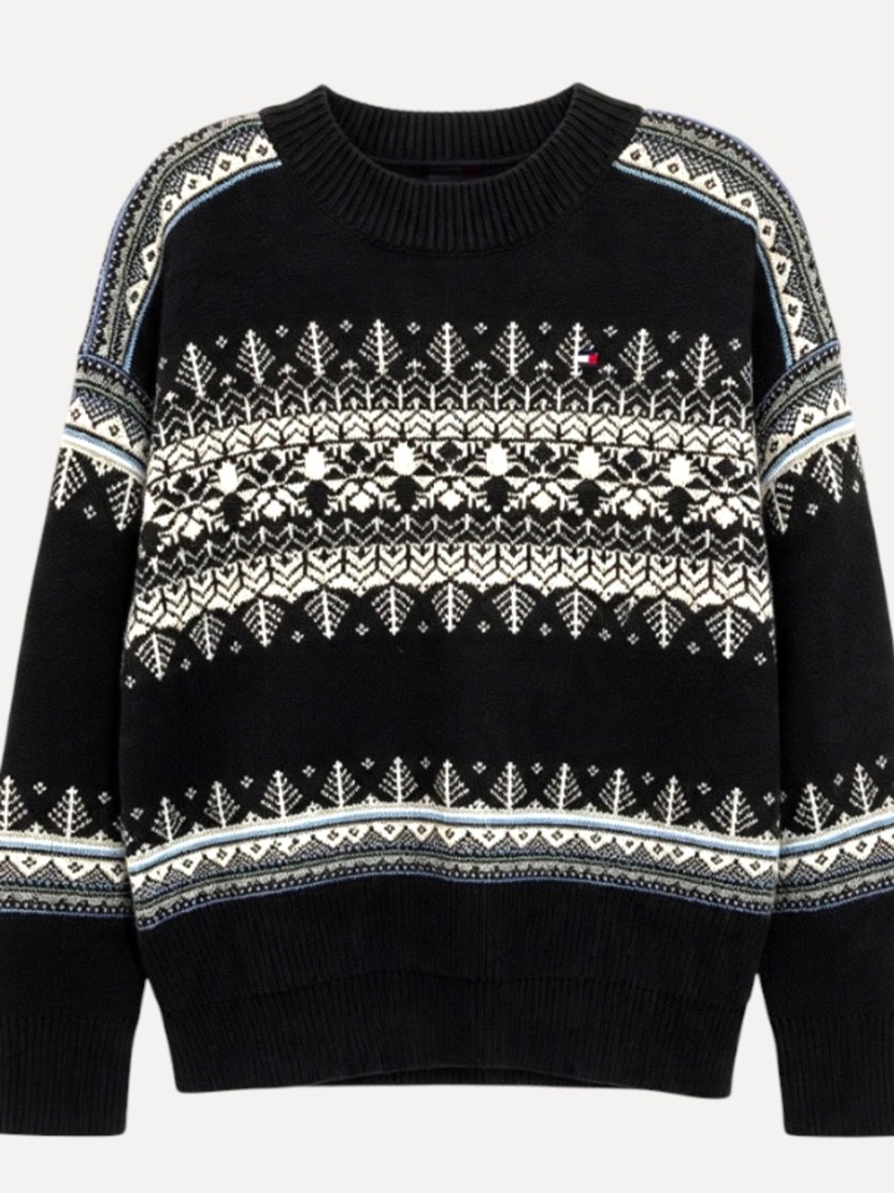 Tommy Hilfiger Fair Isle Snowflake Knit Crewneck Winter Sweater Black Small S